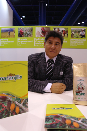 Rolando Herrera Ramirez, president of Naranjillo Cooperative in Peru, spoke to potential coffee buyers at Fair Trade USA’s booth at the Specialty Coffee Association of America’s Event in April, 2010. (All photos by Katie Barrow)