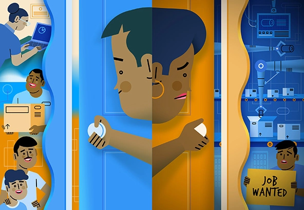 Two mirroring images of people opening doors on different realities -- one looking at the advantages of AI, the other looking at automation on an assembly line and a person holding a help wanted sign