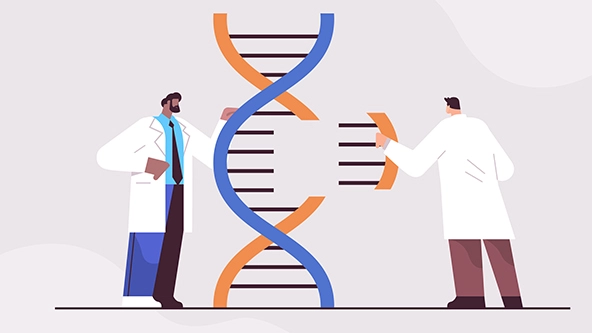 scientists standing next to an enlarged illustration of DNA