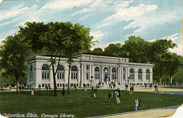 Illustration of a Carnegie Library with people walking outside on the lawn