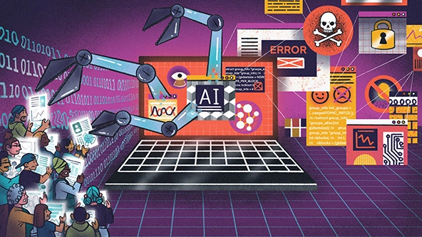 Laptop with claws reaching into a crowd and extracting data to build computer programs