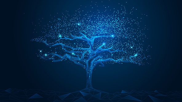 Blue cyber polygon tree with futuristic element