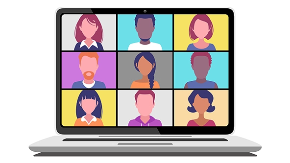 Laptop monitor with nine people in a video call.