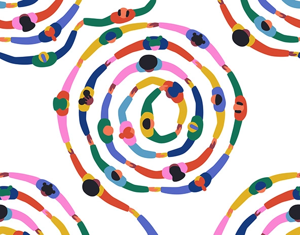 Seamless pattern illustration of diverse people holding hands together.