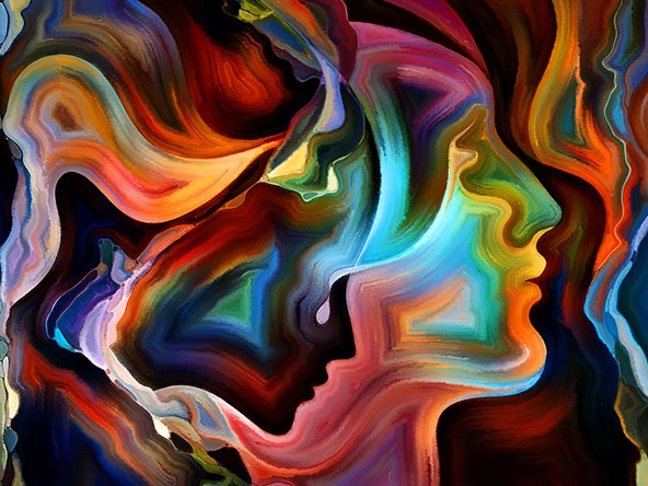 An abstract, colorful painting depicting people's faces