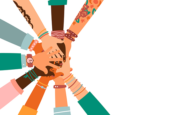 A set of hands of different races raised up
