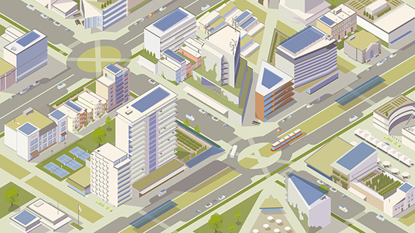 Sustainable city with buildings, green space, roads, solar panels.
