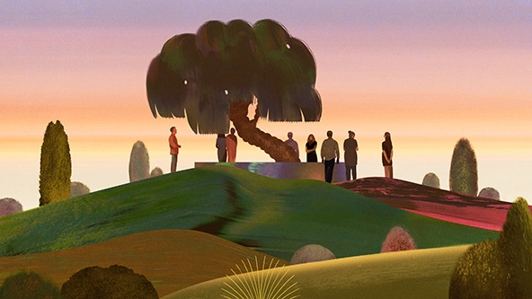people gathered around a tree
