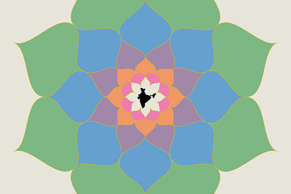 A circular geometric pattern of lotus flower shapes, with an outline of the map of India at the center