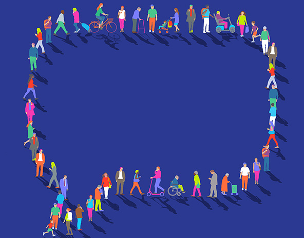 An illustration showing people standing in a line to create the shape of a speech bubble