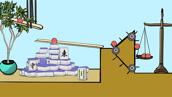 balls roll down chute, move up pulley, drop on scale