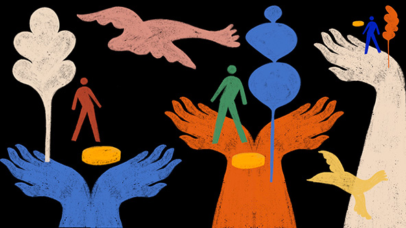 Hands holding up people and coins