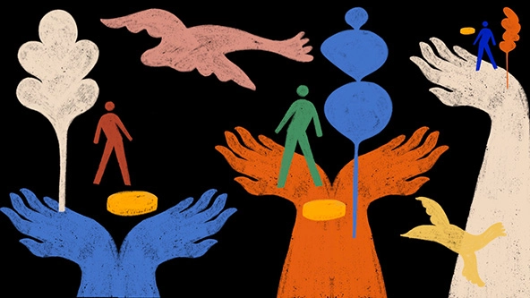 Hands holding up people and coins