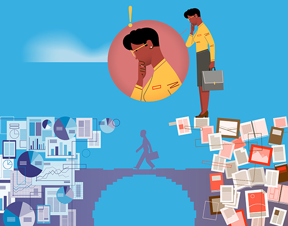 Woman standing at the edge of a half-built bridge made of charts and data.