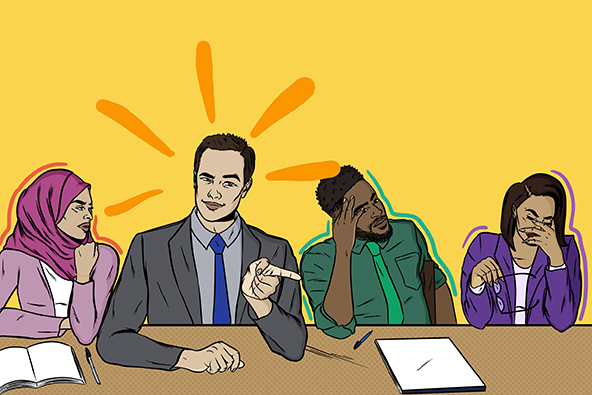 A white man sitting at a table with Black and Brown people. He's pointing his finger, tilting his head and has lines for emphasis around his head while the others at the table look down, away, and off into the distance.