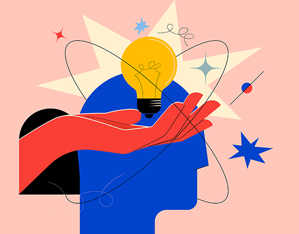 hand holding a lightbulb in front of a human head silhouette signaling a good idea