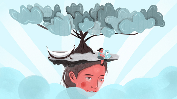 Figure with a tree, person with small pet dog and hammock above their head