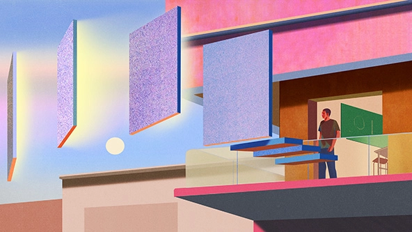 figure standing at classroom window looking at stairs
