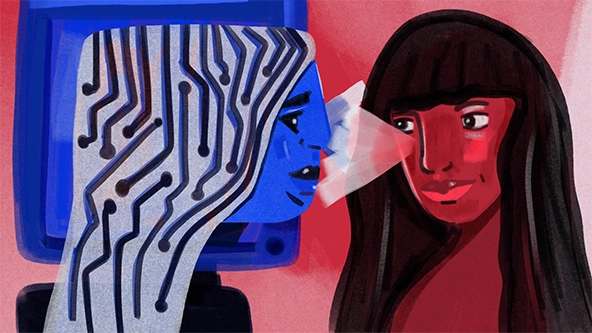 A figure in a computer looking at a figure looking at a computer