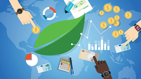 Map of the world covered by symbols of sustainable growth: green leaf, coins, calculator, charts, graphs