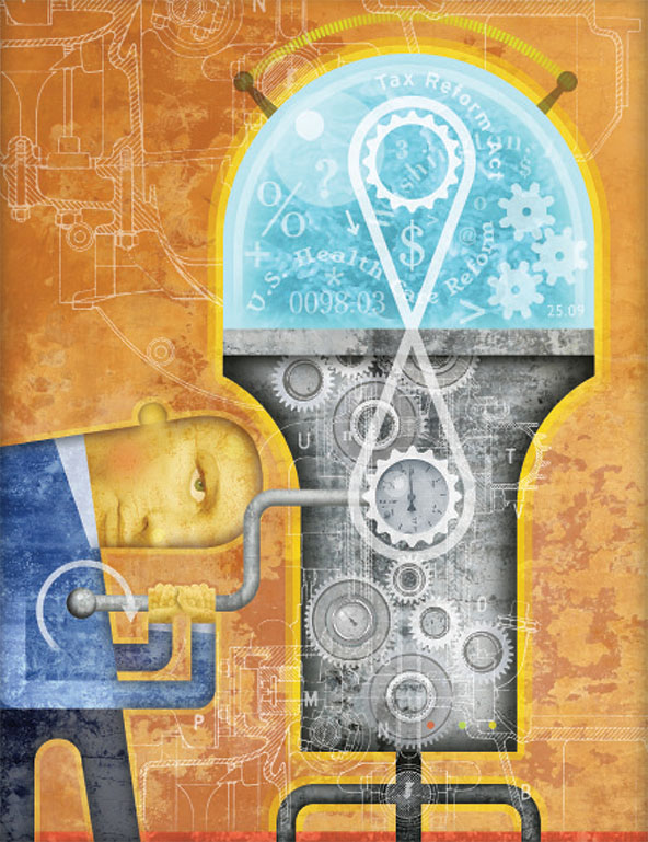 man turning crank connected to lightbulb