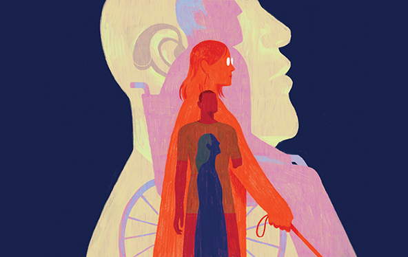 Overlayed silhouettes of man, person in wheelchair, person with walking stick, amputee, woman