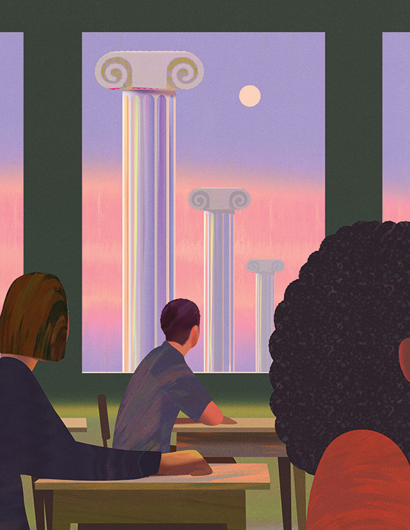 Students looking out a classroom window at Greek columns in the distance