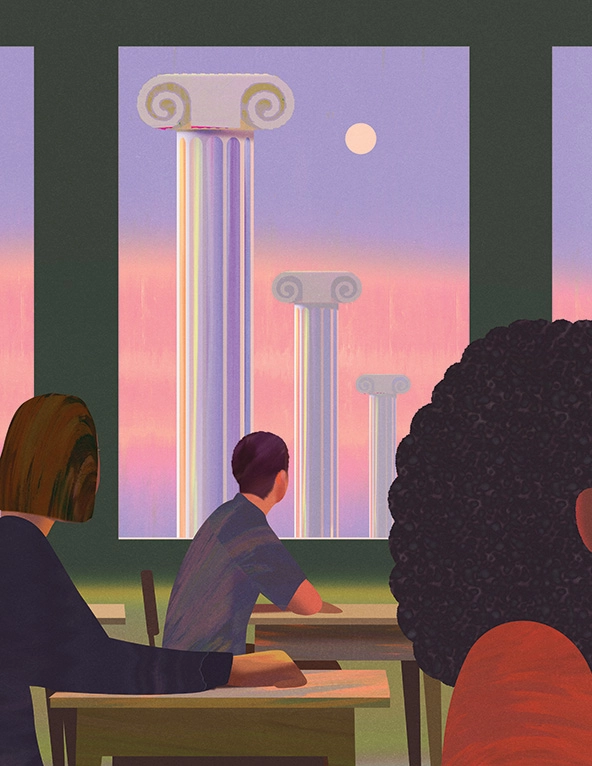 Students looking out a classroom window at Greek columns in the distance