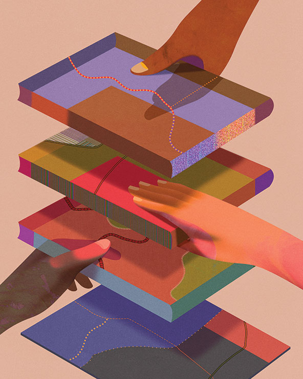 hands holding overlapping books