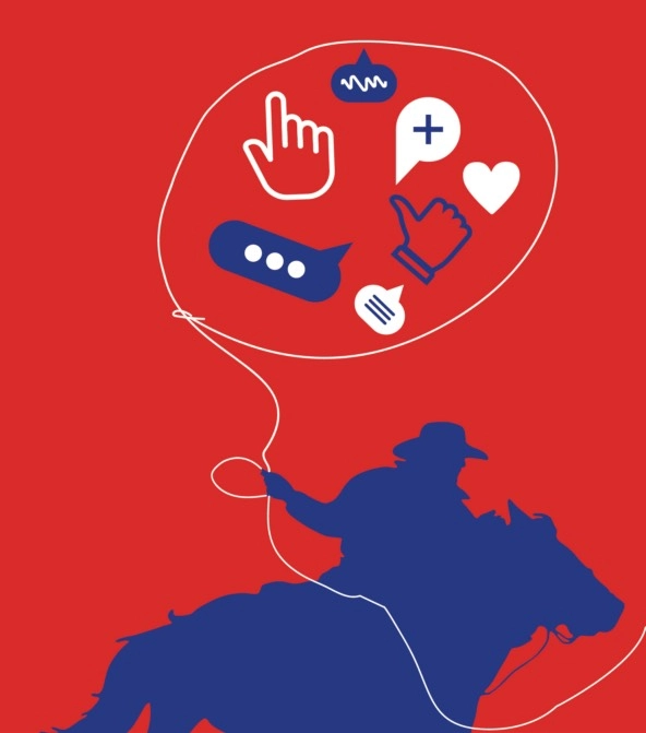 illustration of a cowboy on a blue horse beneath icons representing communication technologies on a red background