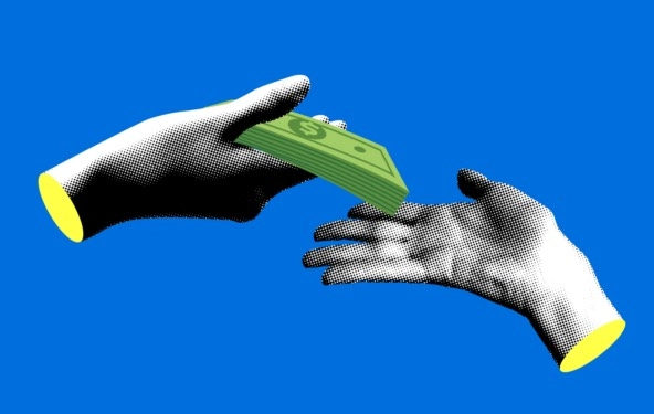 collage of hands giving and taking money
