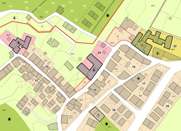 urban plan with indications of buildings, roads, buildable areas