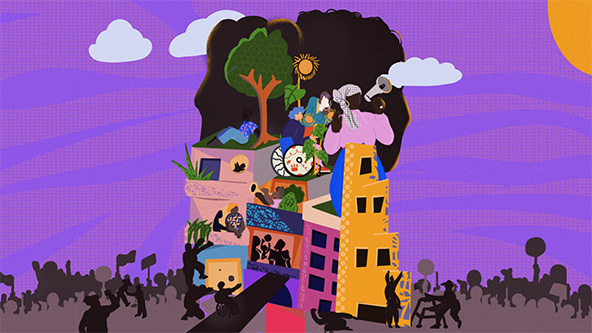 Colorful collage of homes and apartment buildings with crowds around them, people in them.