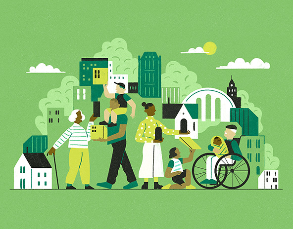Illustration of people of multiple generations interacting in a community