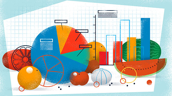 Bar graph and pie chart surrounded by fruits and vegetables like a tomato, watermelon, and garlic bulb