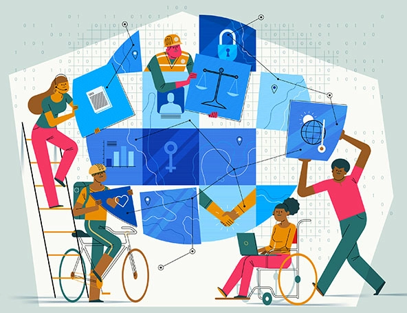 Person on ladder, person on bike, person on wheelchair, construction worker putting together pieces of a global puzzle
