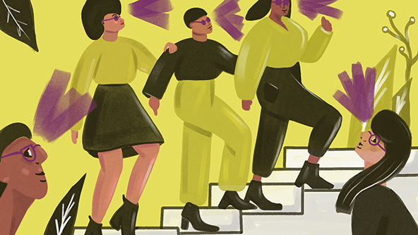 Women of color walking up stairs wearing purple glasses