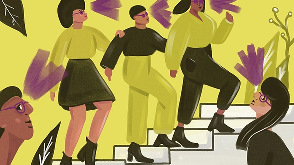 Women of color walking up stairs wearing purple glasses
