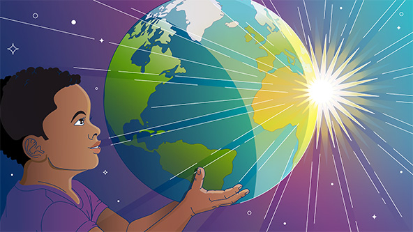 Child holding a globe illuminated by bright sun in the sky