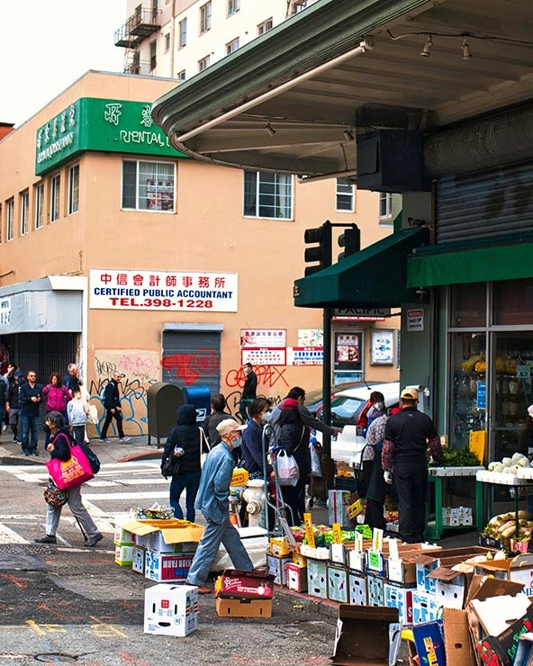 photo of street, chinese food,  in chinatown san francisco, united states