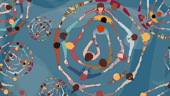 Diverse people in a circle from different cultures holding hands