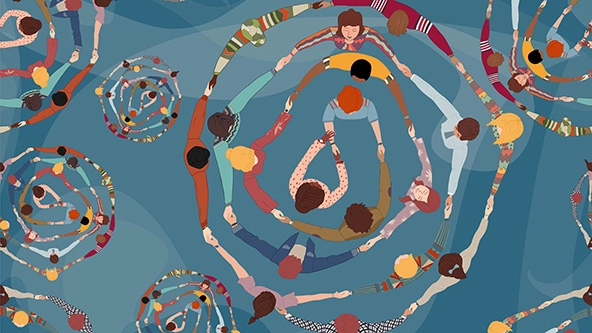 Diverse people in a circle from different cultures holding hands