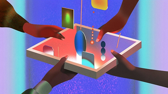 hands holding a frame and floating shapes