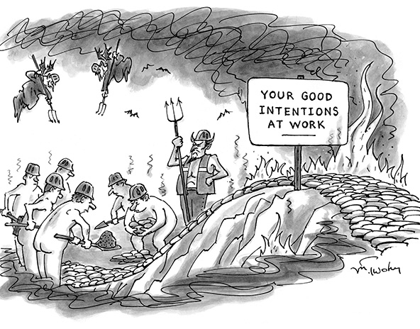 cartoon of devil overseeing the construction of the road to hell and a sign that reads 