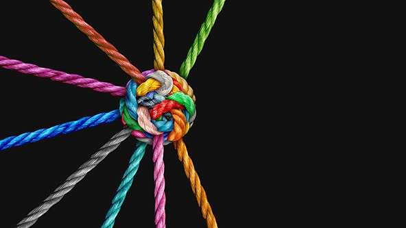 multi-colored rope tied together in a ball to show collaboration