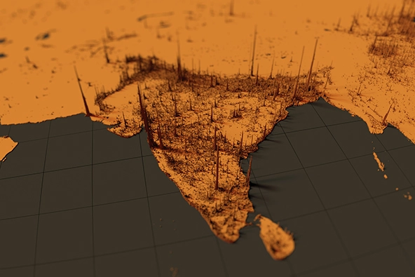 orange-tinted map of india with 3-D bars representing population density