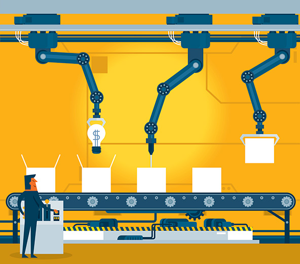 Machinery pulling a lightbulb with a dollar sign out of a box on a conveyer belt, symbolizing a new financial idea