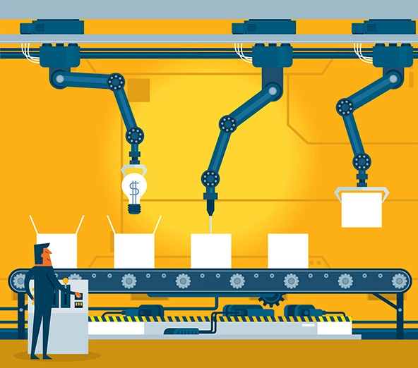 Machinery pulling a lightbulb with a dollar sign out of a box on a conveyer belt, symbolizing a new financial idea