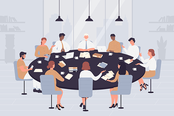 Cartoon directors sitting at circle table in meeting room