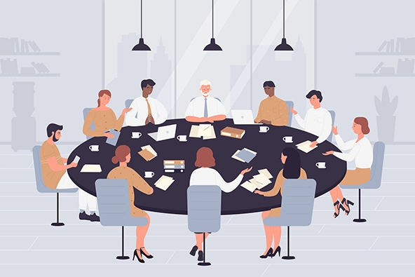 Cartoon directors sitting at circle table in meeting room